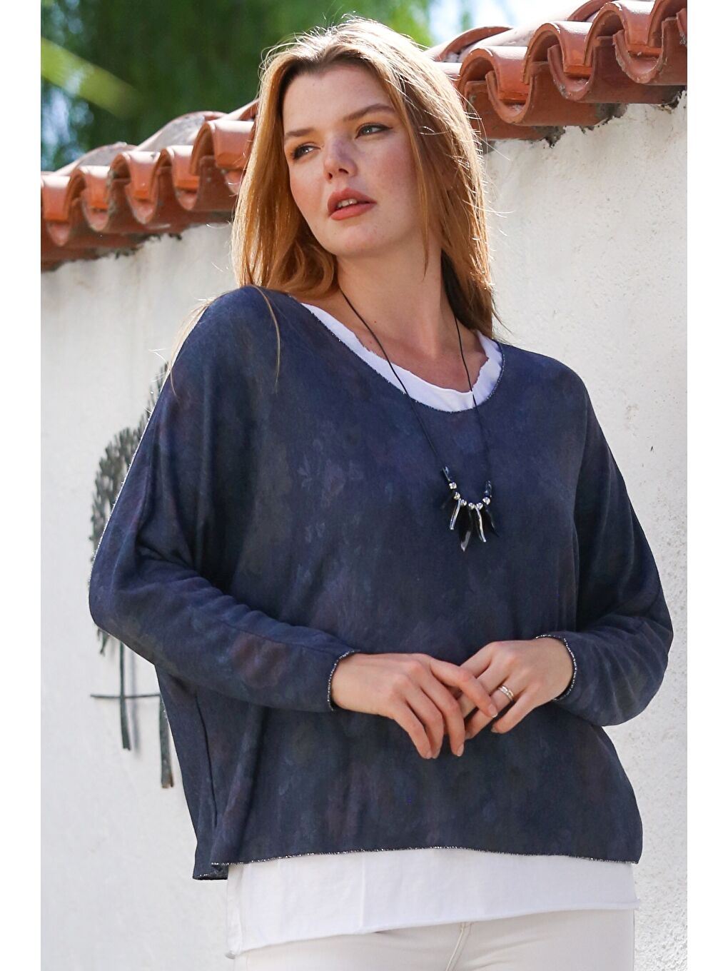 İtalyan Pers Lacivert Havuz Yaka Uzun Kol Desenli İnce İkili Set İçi Kolsuz Penye Triko Bluz 70 60