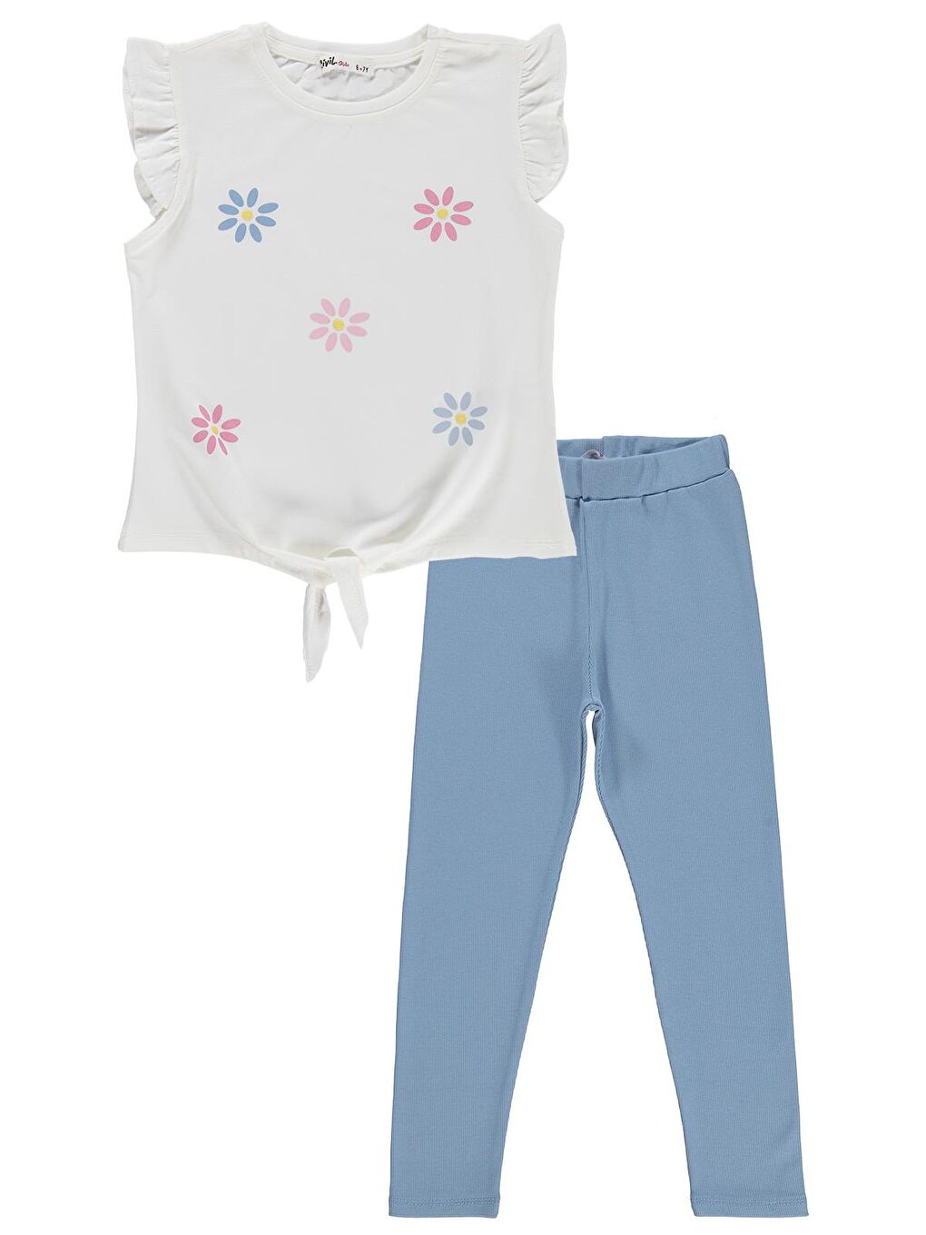Girls Çiçek Baskılı 6-9 Yaş Takım - Kırık Beyaz-Açık İndigo-2