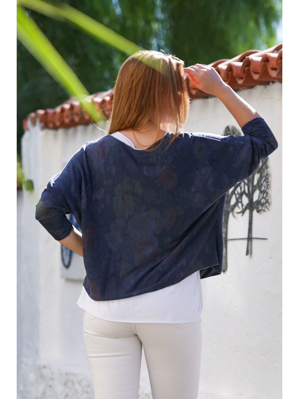 İtalyan Pers Lacivert Havuz Yaka Uzun Kol Desenli İnce İkili Set İçi Kolsuz Penye Triko Bluz 70 60-1