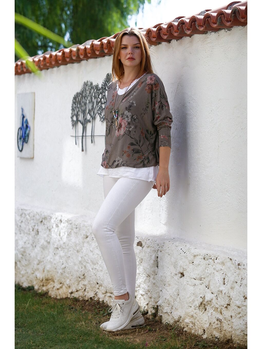 Bej İtalyan Vizon Havuz Yaka Uzun Kol Desenli İnce İkili Set İçi Kolsuz Penye Triko Bluz 70 60-5