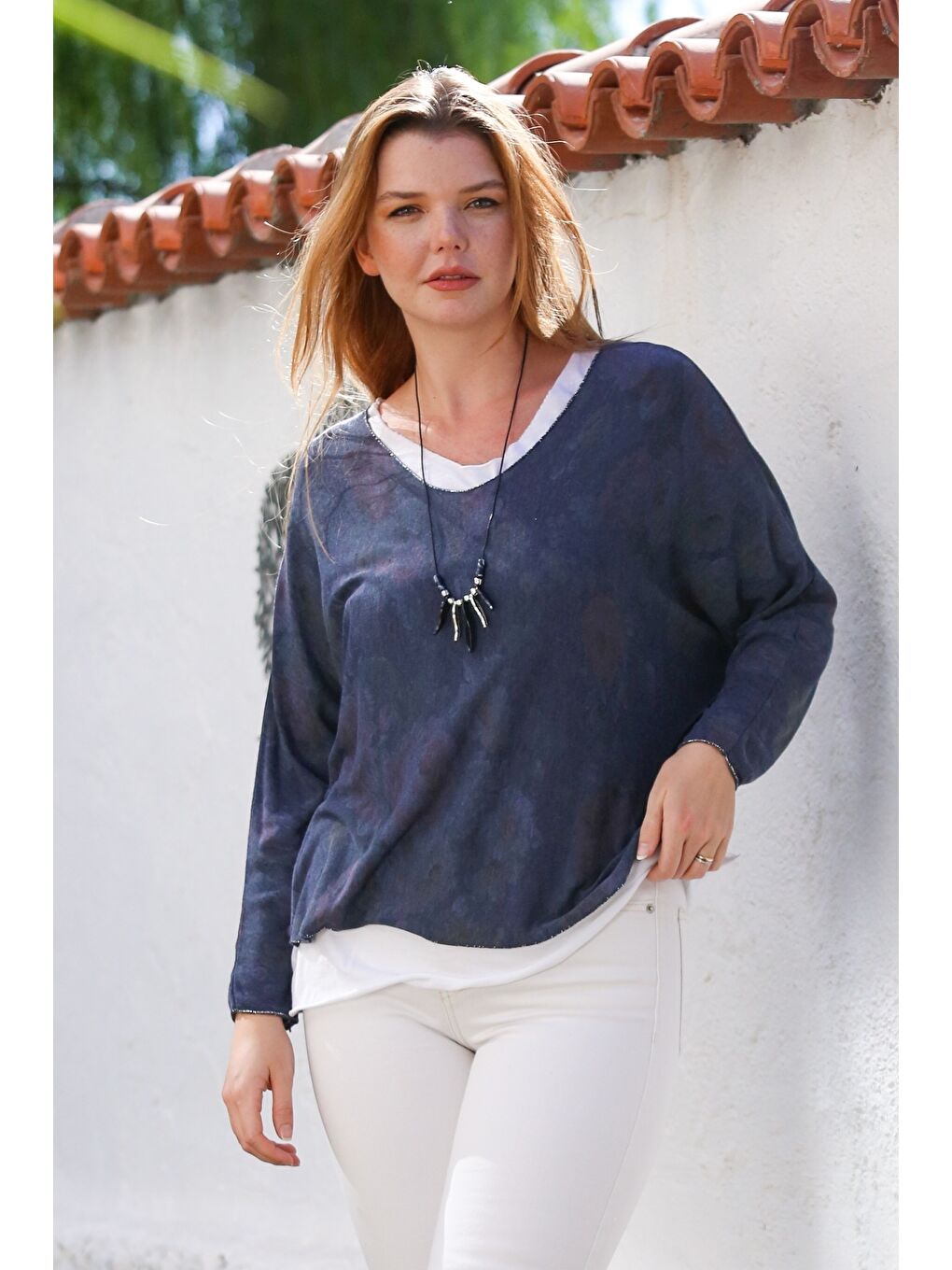 İtalyan Pers Lacivert Havuz Yaka Uzun Kol Desenli İnce İkili Set İçi Kolsuz Penye Triko Bluz 70 60-2