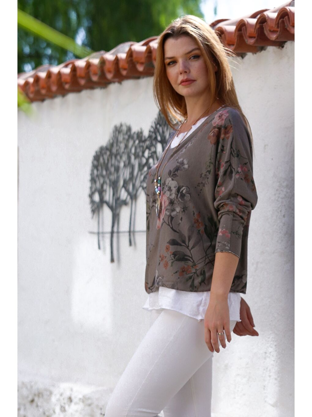 Bej İtalyan Vizon Havuz Yaka Uzun Kol Desenli İnce İkili Set İçi Kolsuz Penye Triko Bluz 70 60-6