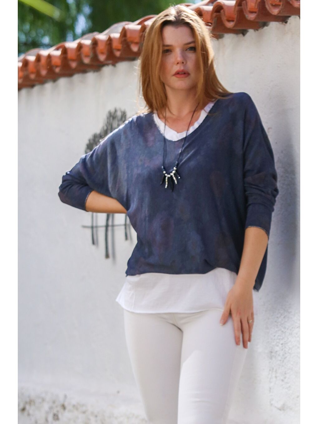 İtalyan Pers Lacivert Havuz Yaka Uzun Kol Desenli İnce İkili Set İçi Kolsuz Penye Triko Bluz 70 60-4