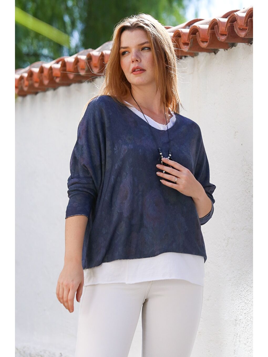 İtalyan Pers Lacivert Havuz Yaka Uzun Kol Desenli İnce İkili Set İçi Kolsuz Penye Triko Bluz 70 60-6