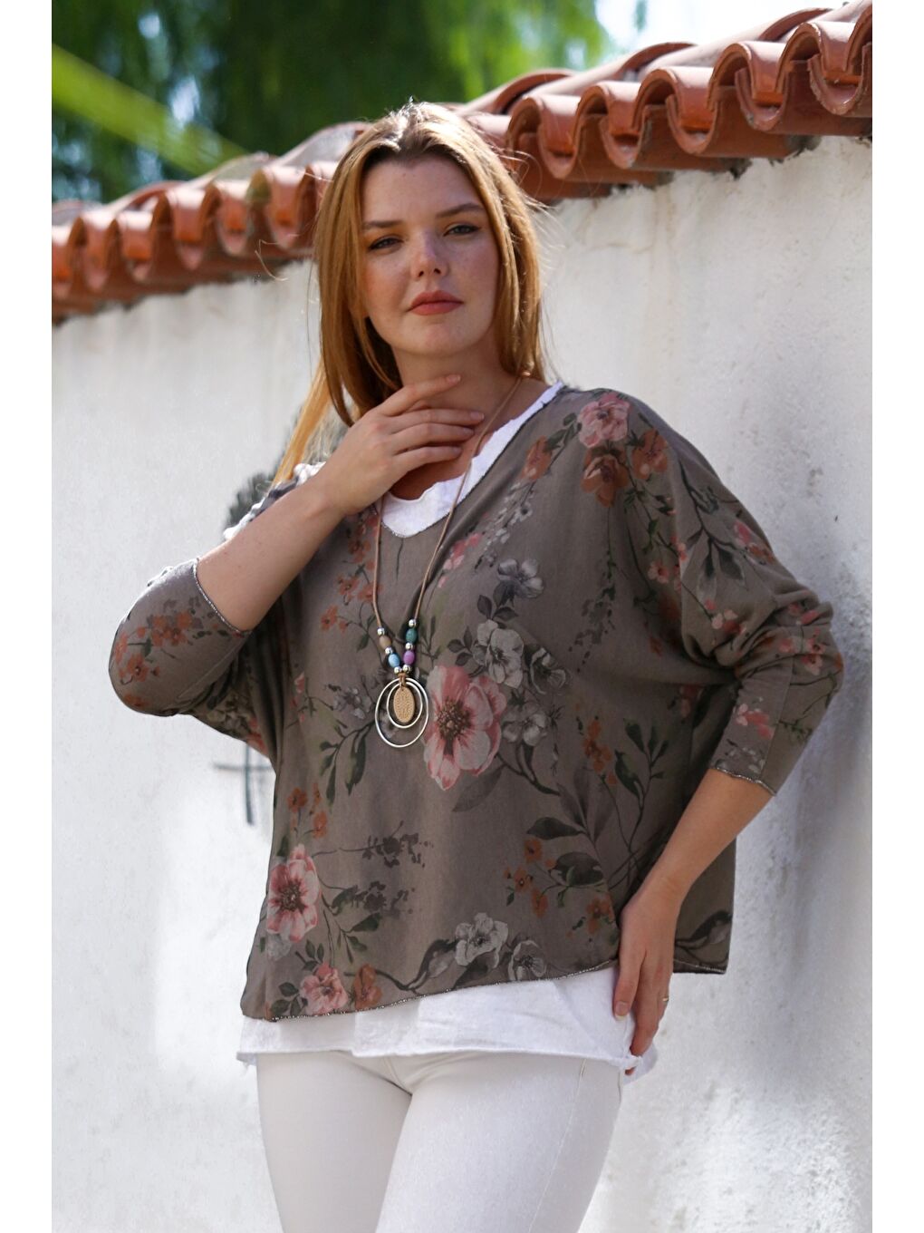 Bej İtalyan Vizon Havuz Yaka Uzun Kol Desenli İnce İkili Set İçi Kolsuz Penye Triko Bluz 70 60-7