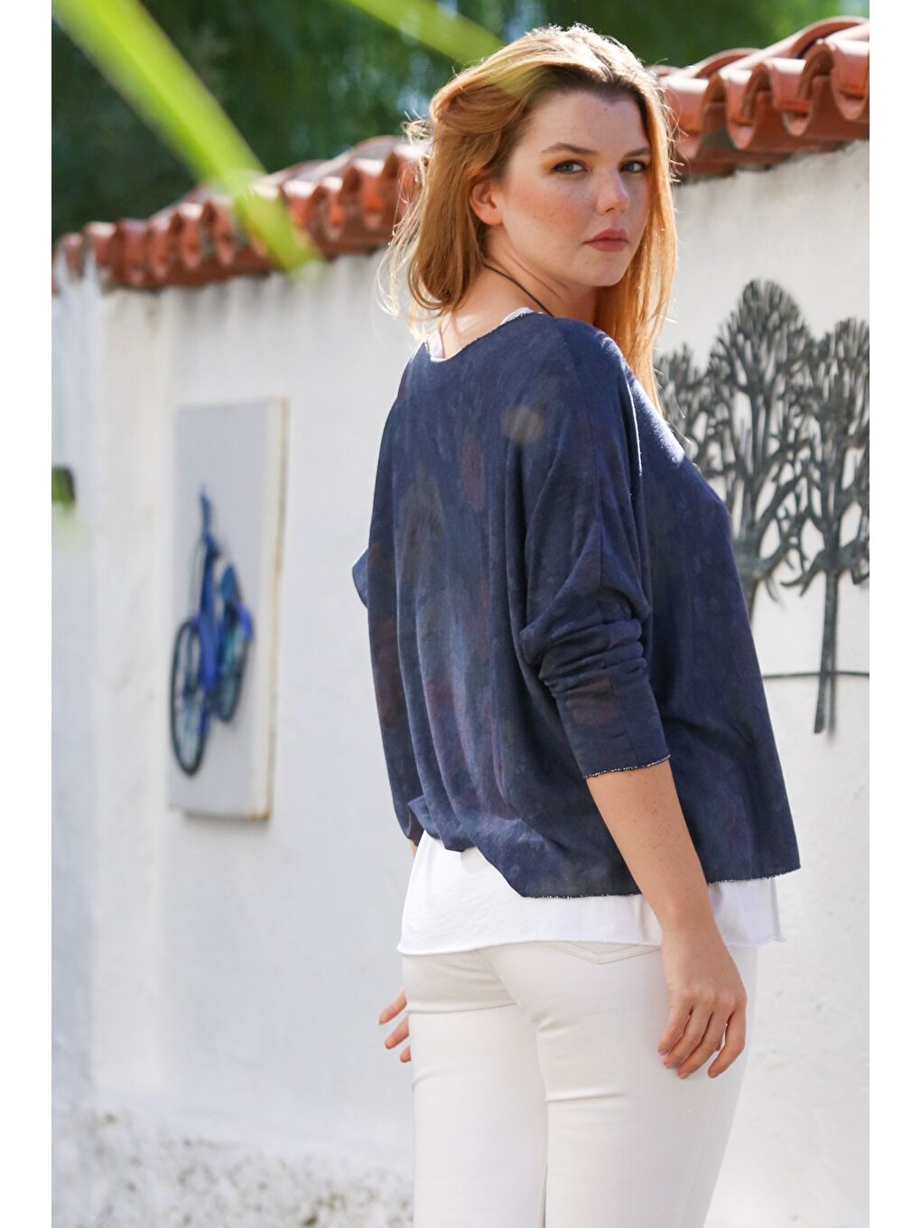 İtalyan Pers Lacivert Havuz Yaka Uzun Kol Desenli İnce İkili Set İçi Kolsuz Penye Triko Bluz 70 60-7