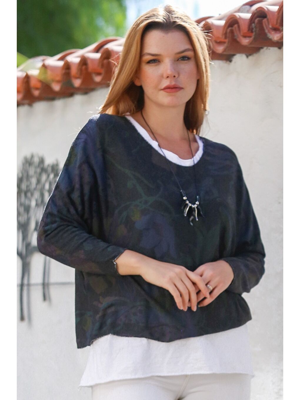 İtalyan Antrasit Havuz Yaka Uzun Kol Desenli İnce İkili Set İçi Kolsuz Penye Triko Bluz 70 60