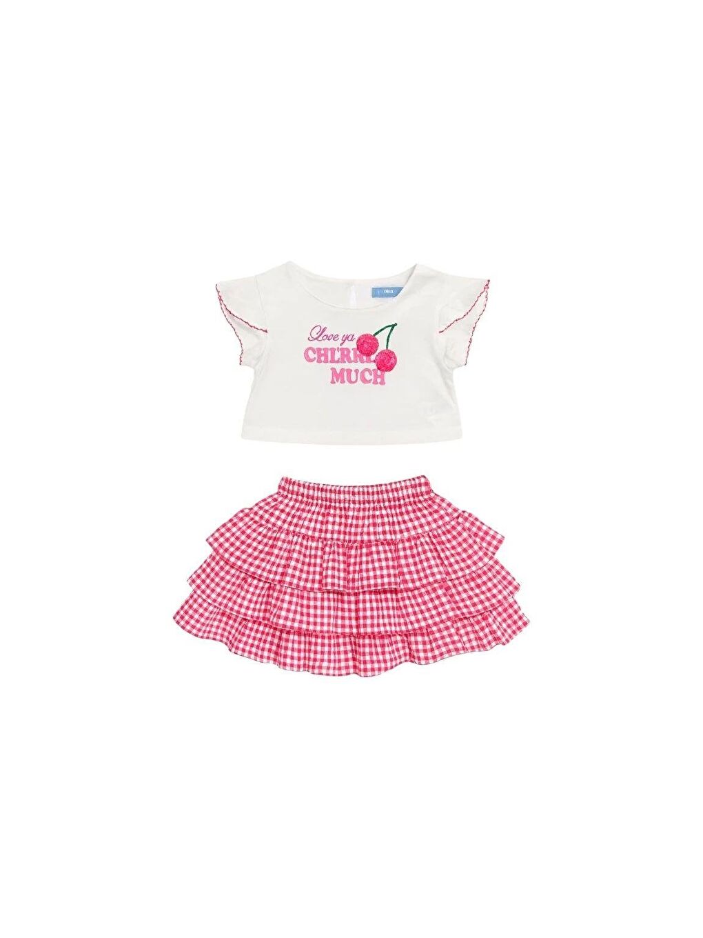 Beyaz Kız Çocuk Pamuklu Ekru Kiraz Baskılı T-Shirt Ve Pembe Pötikare Etek Takım