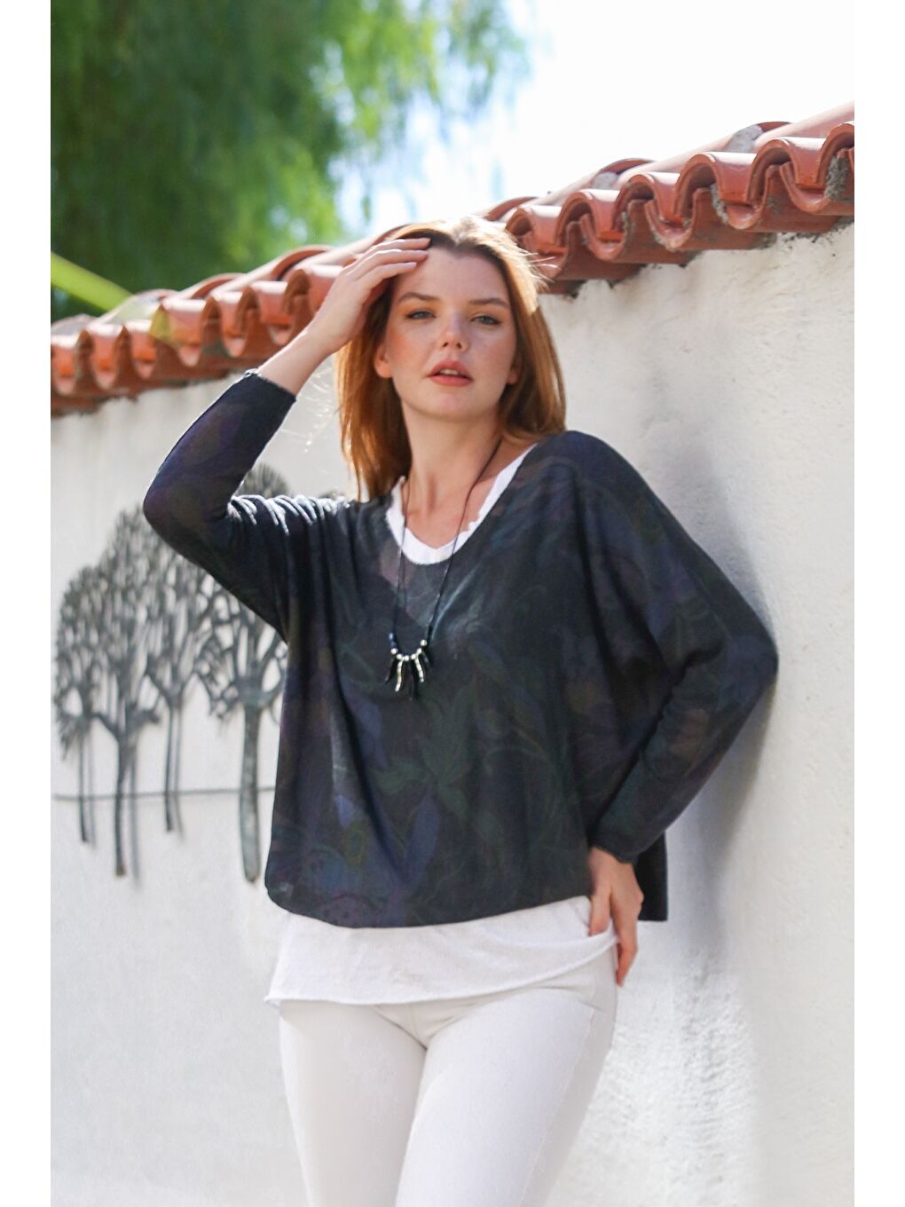 İtalyan Antrasit Havuz Yaka Uzun Kol Desenli İnce İkili Set İçi Kolsuz Penye Triko Bluz 70 60-2