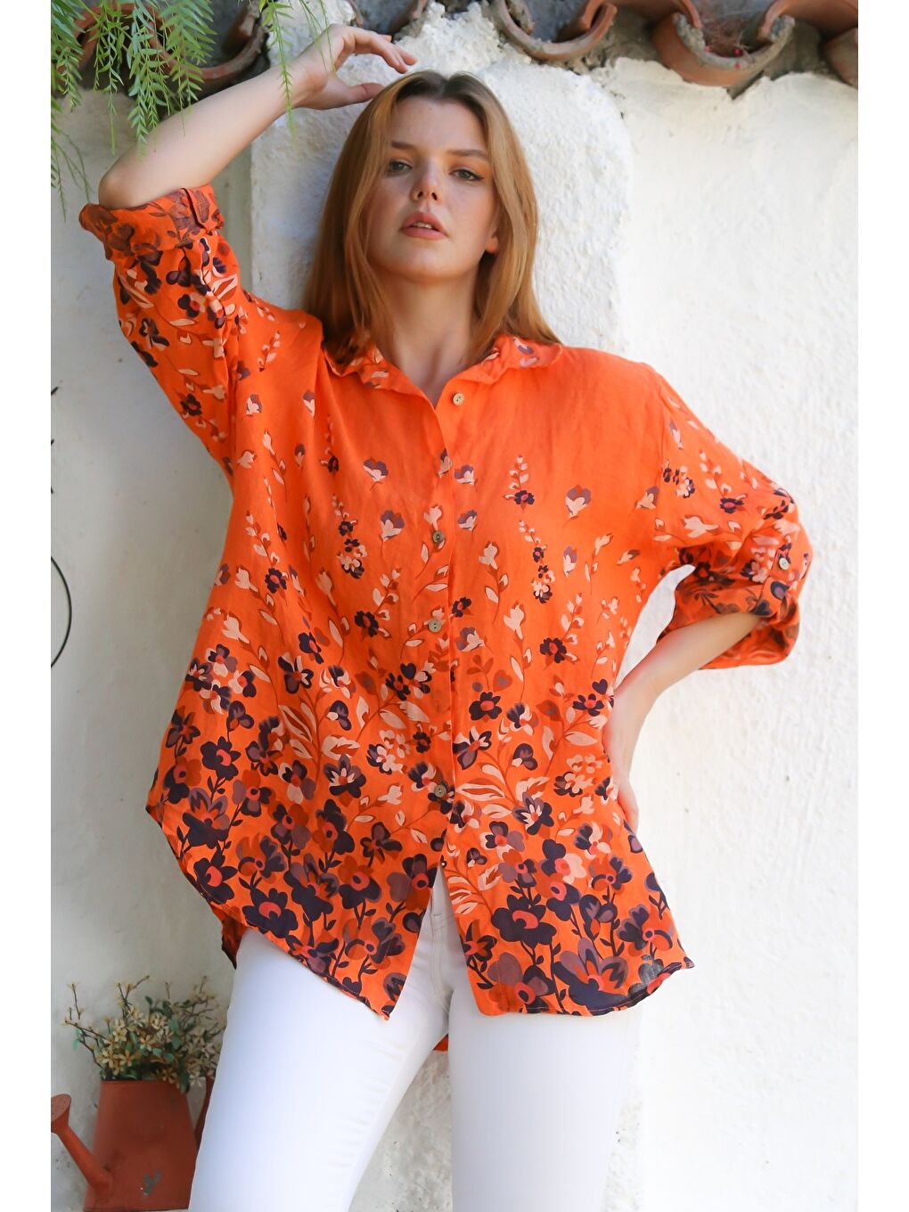 İtalyan Turuncu Gömlek Yaka Düğmeli Uzun Kollu Çiçekli Keten Dokuma Gömlek 76 63