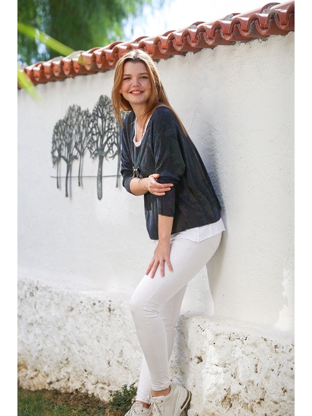 İtalyan Antrasit Havuz Yaka Uzun Kol Desenli İnce İkili Set İçi Kolsuz Penye Triko Bluz 70 60-3