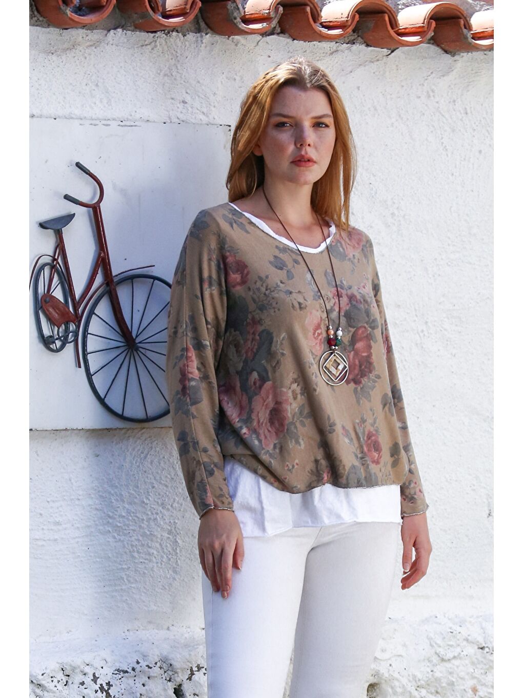 Kahverengi İtalyan Camel Havuz Yaka Uzun Kol Desenli İnce İkili Set İçi Kolsuz Penye Triko Bluz 70 60-2