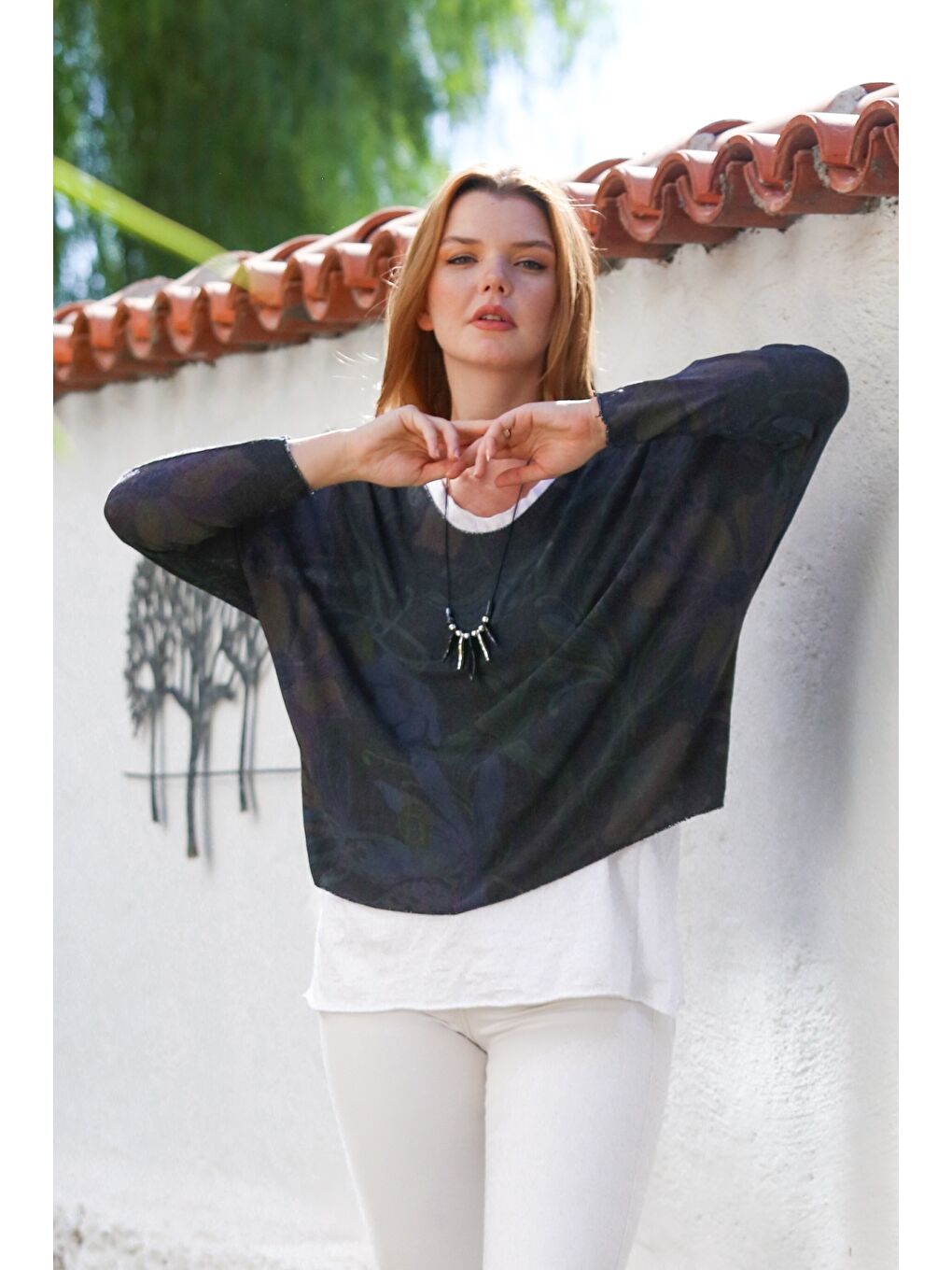 İtalyan Antrasit Havuz Yaka Uzun Kol Desenli İnce İkili Set İçi Kolsuz Penye Triko Bluz 70 60-4