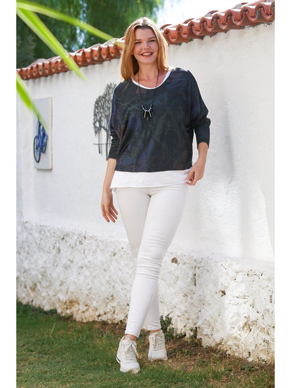 İtalyan Antrasit Havuz Yaka Uzun Kol Desenli İnce İkili Set İçi Kolsuz Penye Triko Bluz 70 60-5