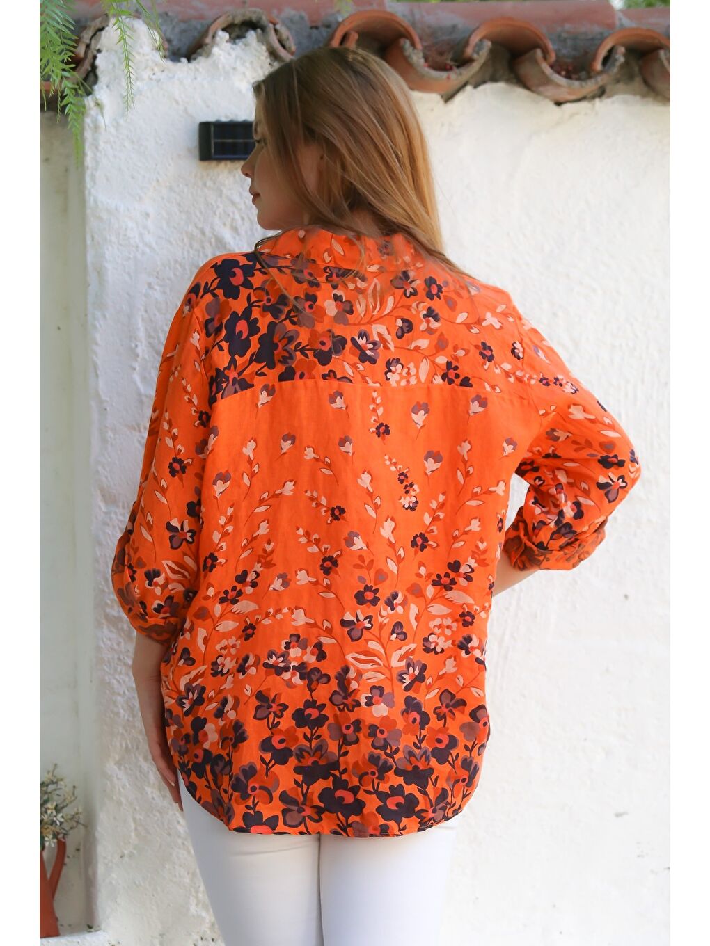 İtalyan Turuncu Gömlek Yaka Düğmeli Uzun Kollu Çiçekli Keten Dokuma Gömlek 76 63-1