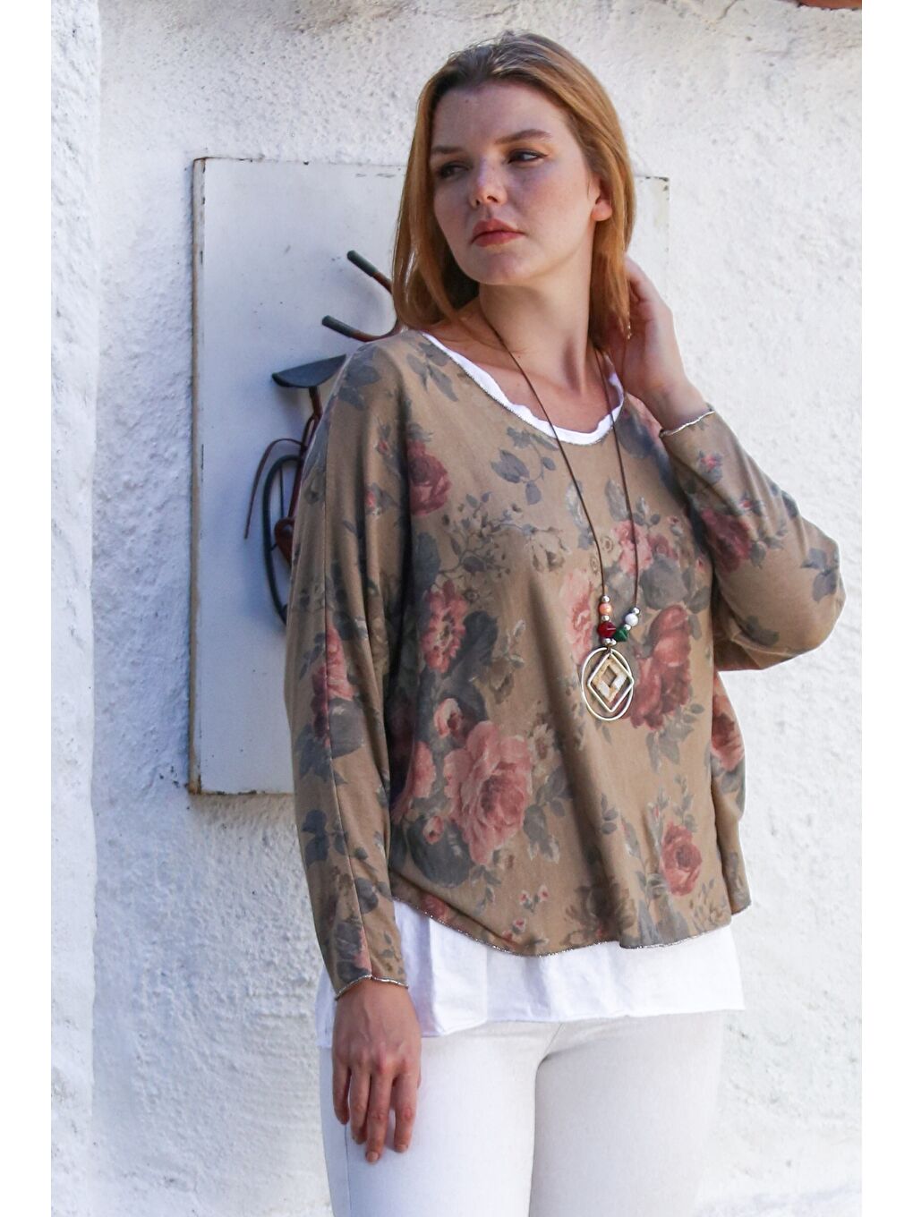 Kahverengi İtalyan Camel Havuz Yaka Uzun Kol Desenli İnce İkili Set İçi Kolsuz Penye Triko Bluz 70 60-3