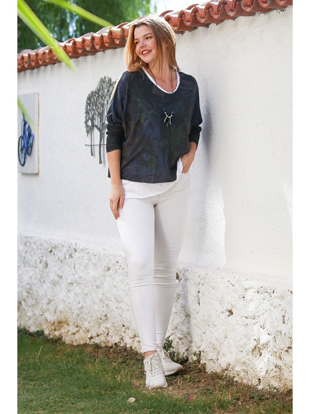 İtalyan Antrasit Havuz Yaka Uzun Kol Desenli İnce İkili Set İçi Kolsuz Penye Triko Bluz 70 60-7