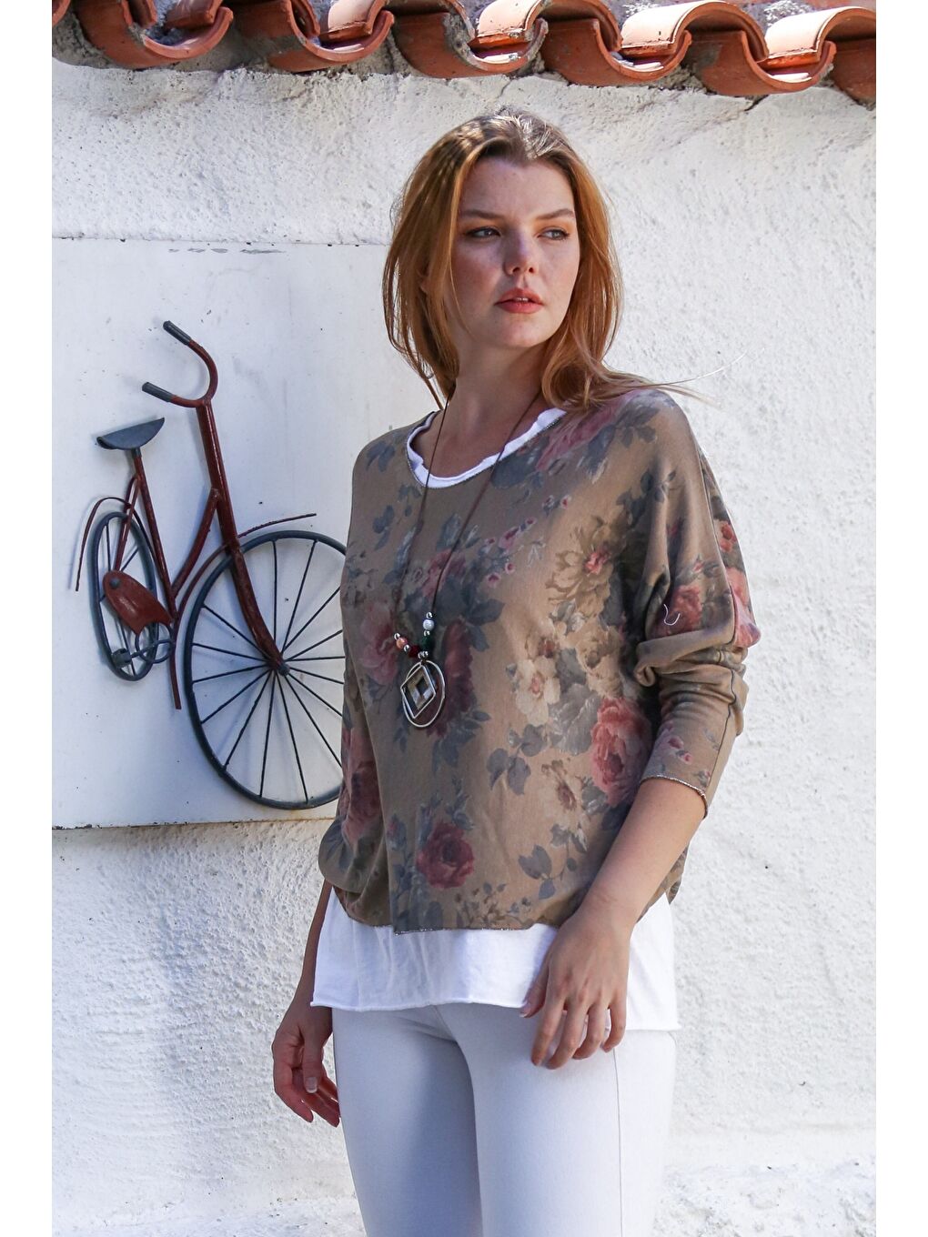 Kahverengi İtalyan Camel Havuz Yaka Uzun Kol Desenli İnce İkili Set İçi Kolsuz Penye Triko Bluz 70 60-4