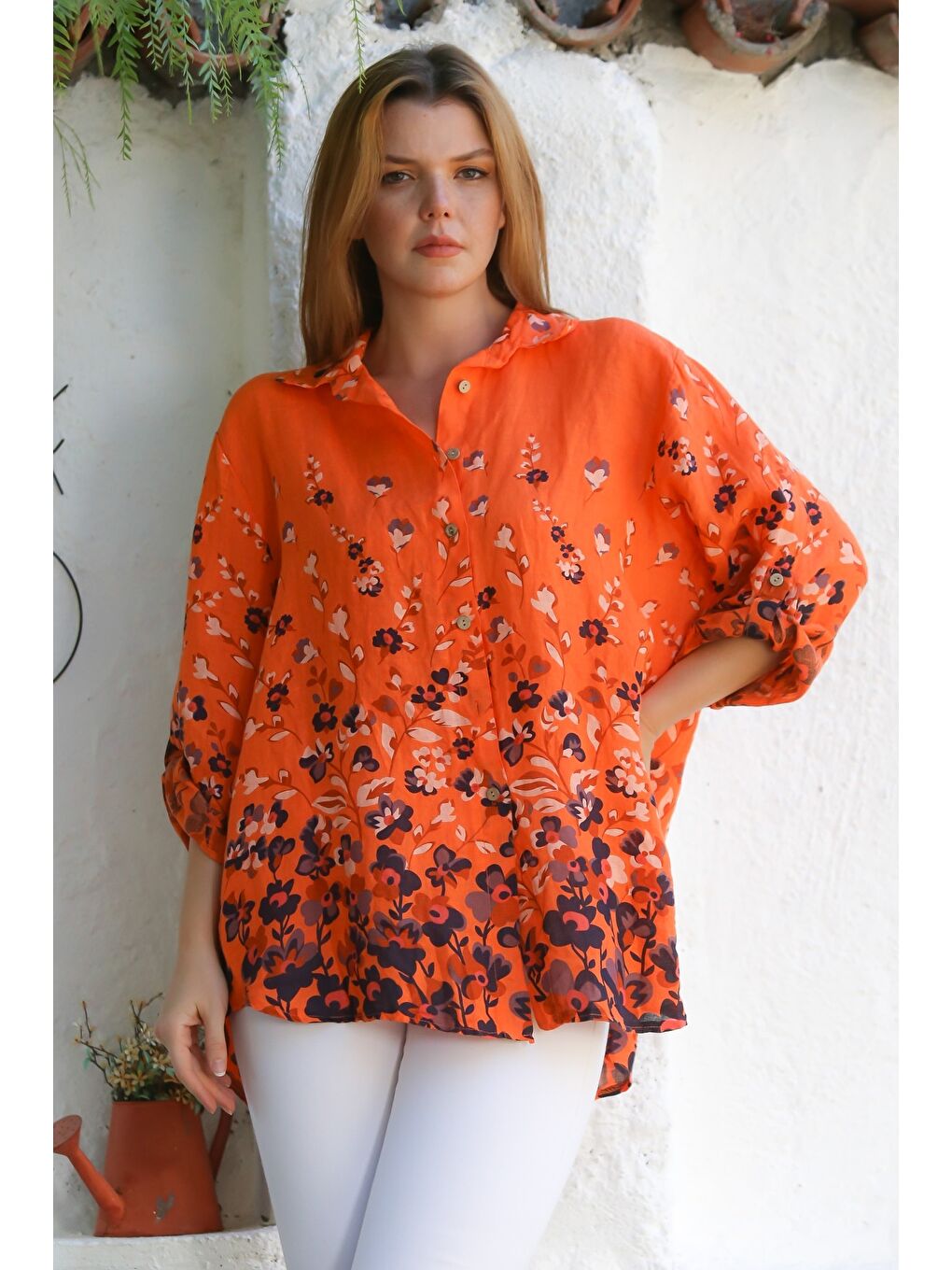 İtalyan Turuncu Gömlek Yaka Düğmeli Uzun Kollu Çiçekli Keten Dokuma Gömlek 76 63-3