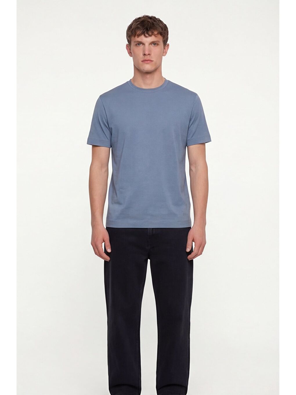 Erkek Koyu Gri Normal Kesim Regular Fit %100 Pamuk Dokuma Bisiklet Yaka Basic T-Shirt-1