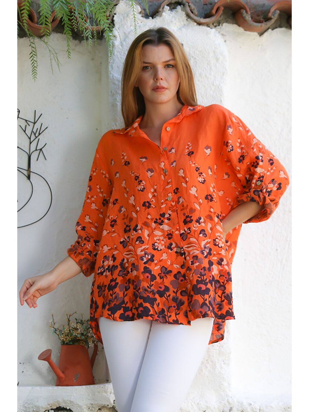 İtalyan Turuncu Gömlek Yaka Düğmeli Uzun Kollu Çiçekli Keten Dokuma Gömlek 76 63-4