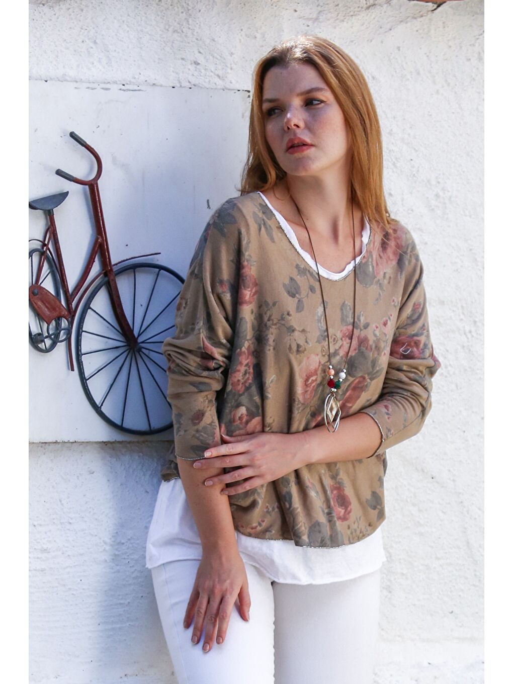 Kahverengi İtalyan Camel Havuz Yaka Uzun Kol Desenli İnce İkili Set İçi Kolsuz Penye Triko Bluz 70 60-5