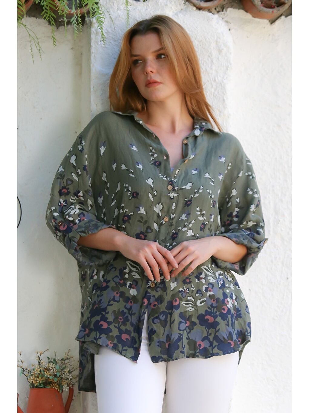 İtalyan Haki Gömlek Yaka Düğmeli Uzun Kollu Çiçekli Keten Dokuma Gömlek 76 63