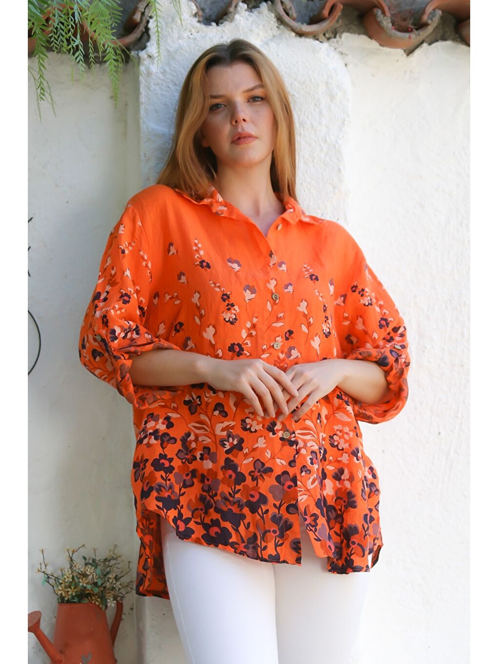 İtalyan Turuncu Gömlek Yaka Düğmeli Uzun Kollu Çiçekli Keten Dokuma Gömlek 76 63-5