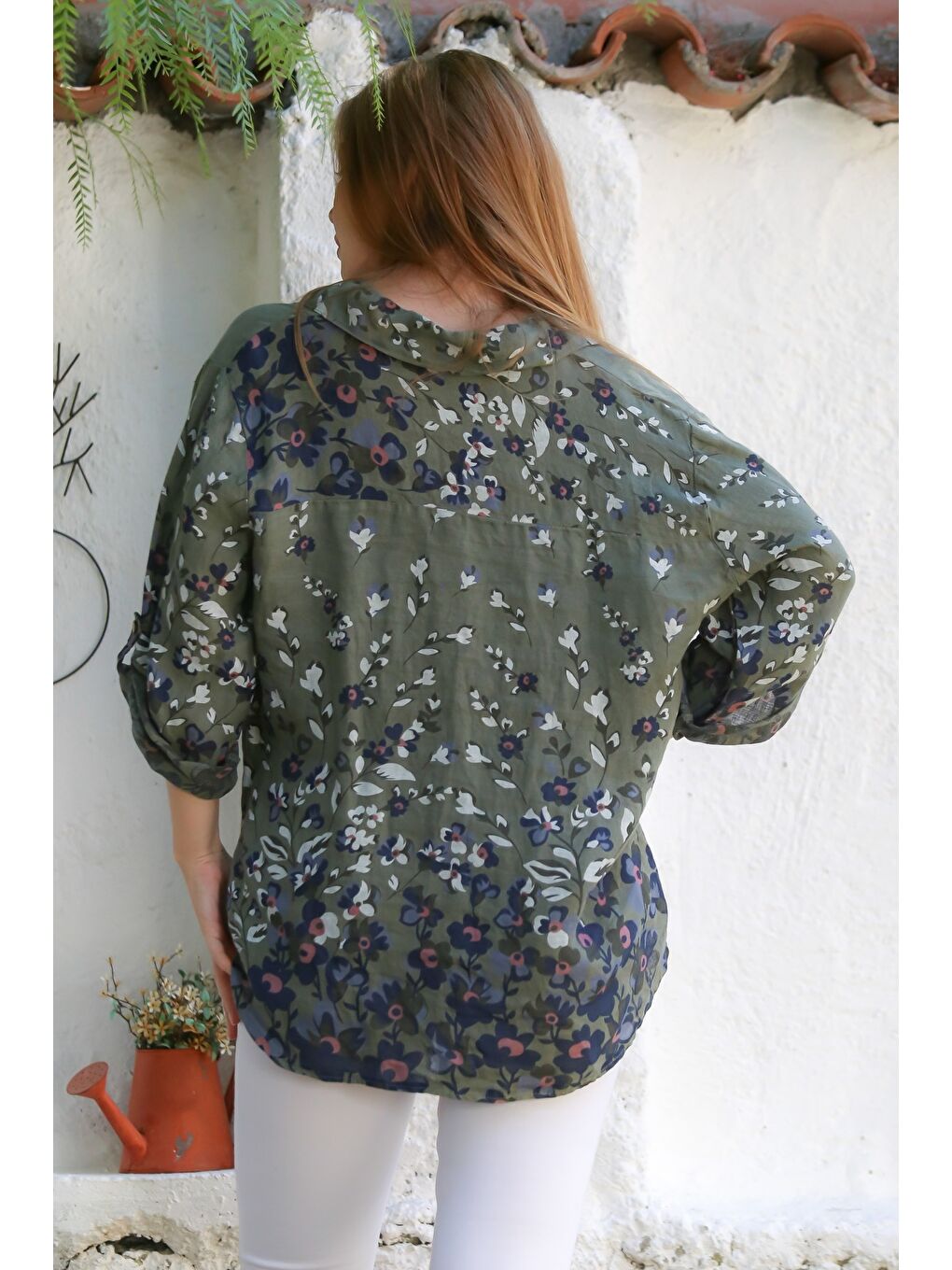 İtalyan Haki Gömlek Yaka Düğmeli Uzun Kollu Çiçekli Keten Dokuma Gömlek 76 63-1