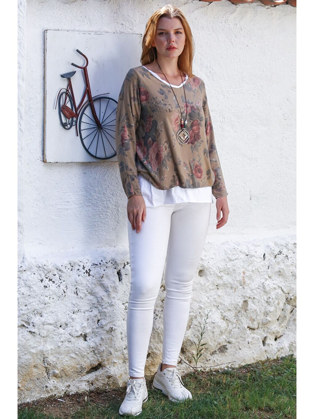 Kahverengi İtalyan Camel Havuz Yaka Uzun Kol Desenli İnce İkili Set İçi Kolsuz Penye Triko Bluz 70 60-6