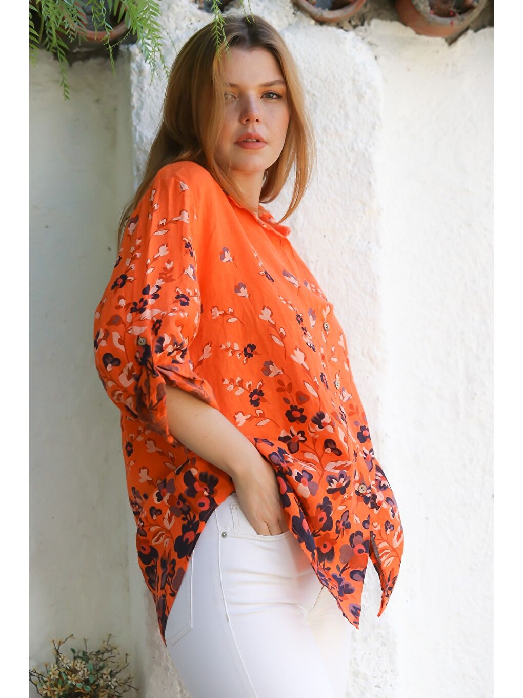 İtalyan Turuncu Gömlek Yaka Düğmeli Uzun Kollu Çiçekli Keten Dokuma Gömlek 76 63-6