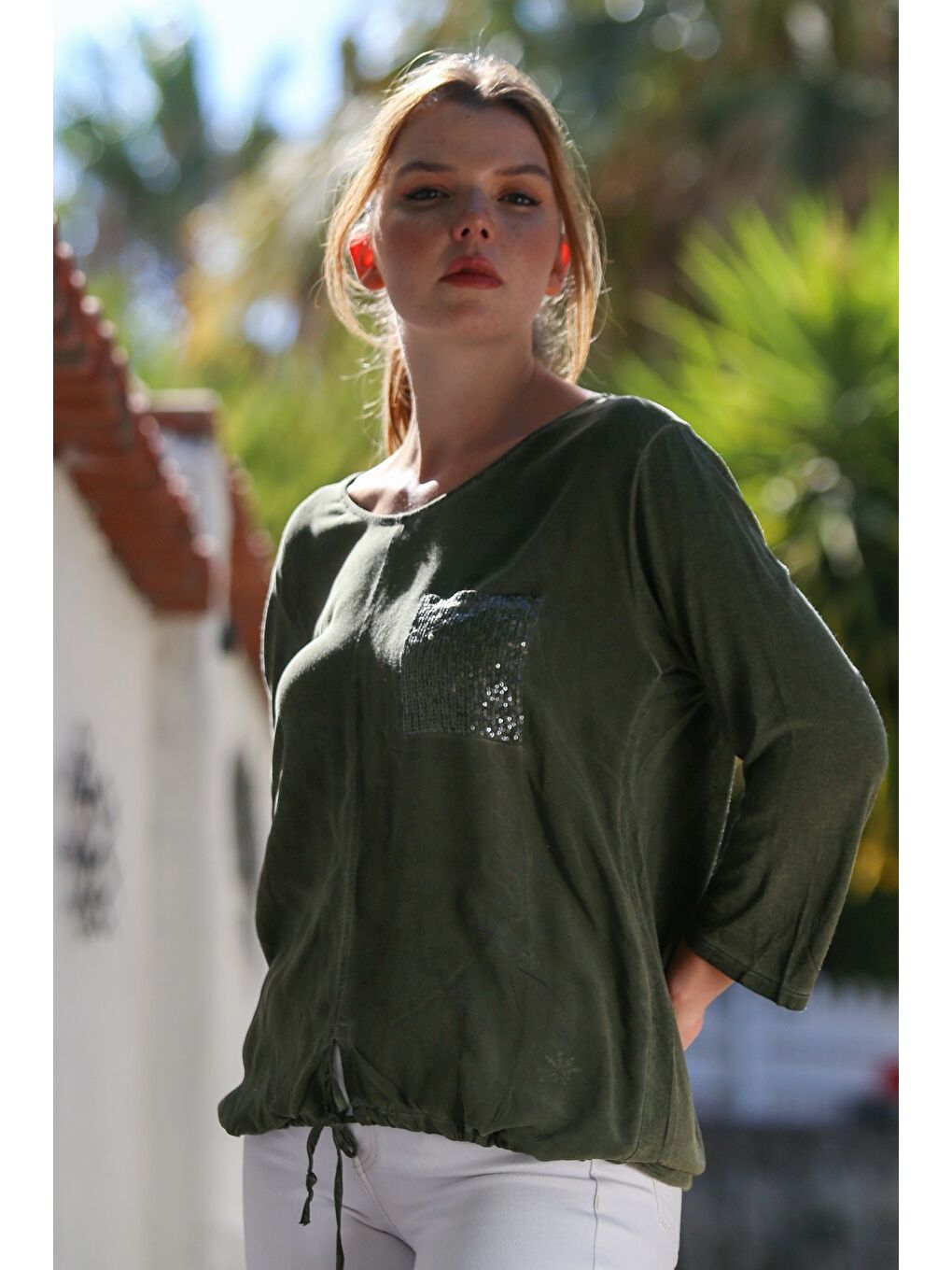 Haki Havuz Yaka Uzun Kol Bağlamalı Pullu Cepli Dokuma Bluz 70 60-6