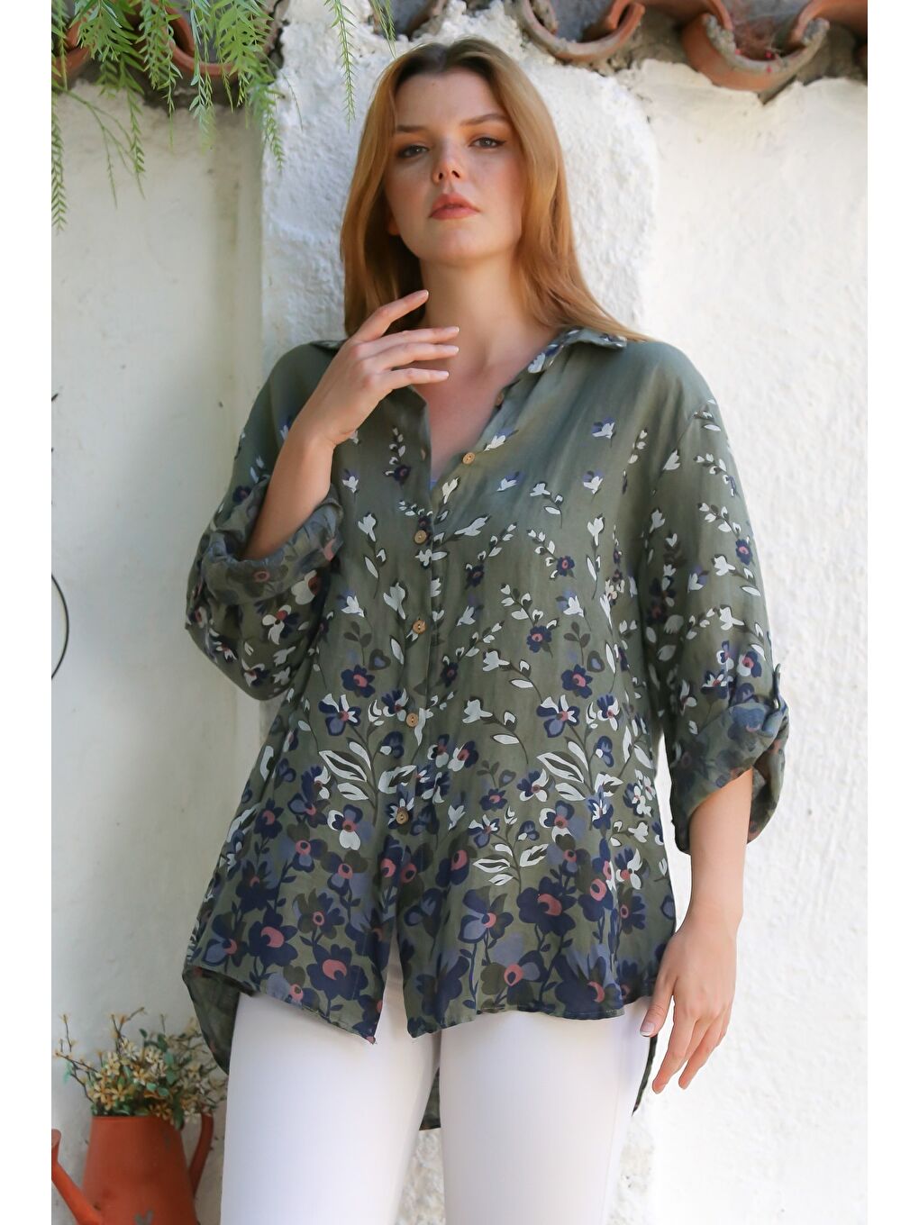 İtalyan Haki Gömlek Yaka Düğmeli Uzun Kollu Çiçekli Keten Dokuma Gömlek 76 63-3