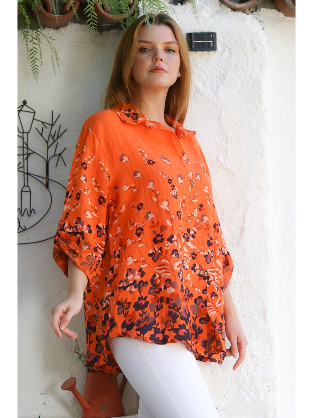 İtalyan Turuncu Gömlek Yaka Düğmeli Uzun Kollu Çiçekli Keten Dokuma Gömlek 76 63-7