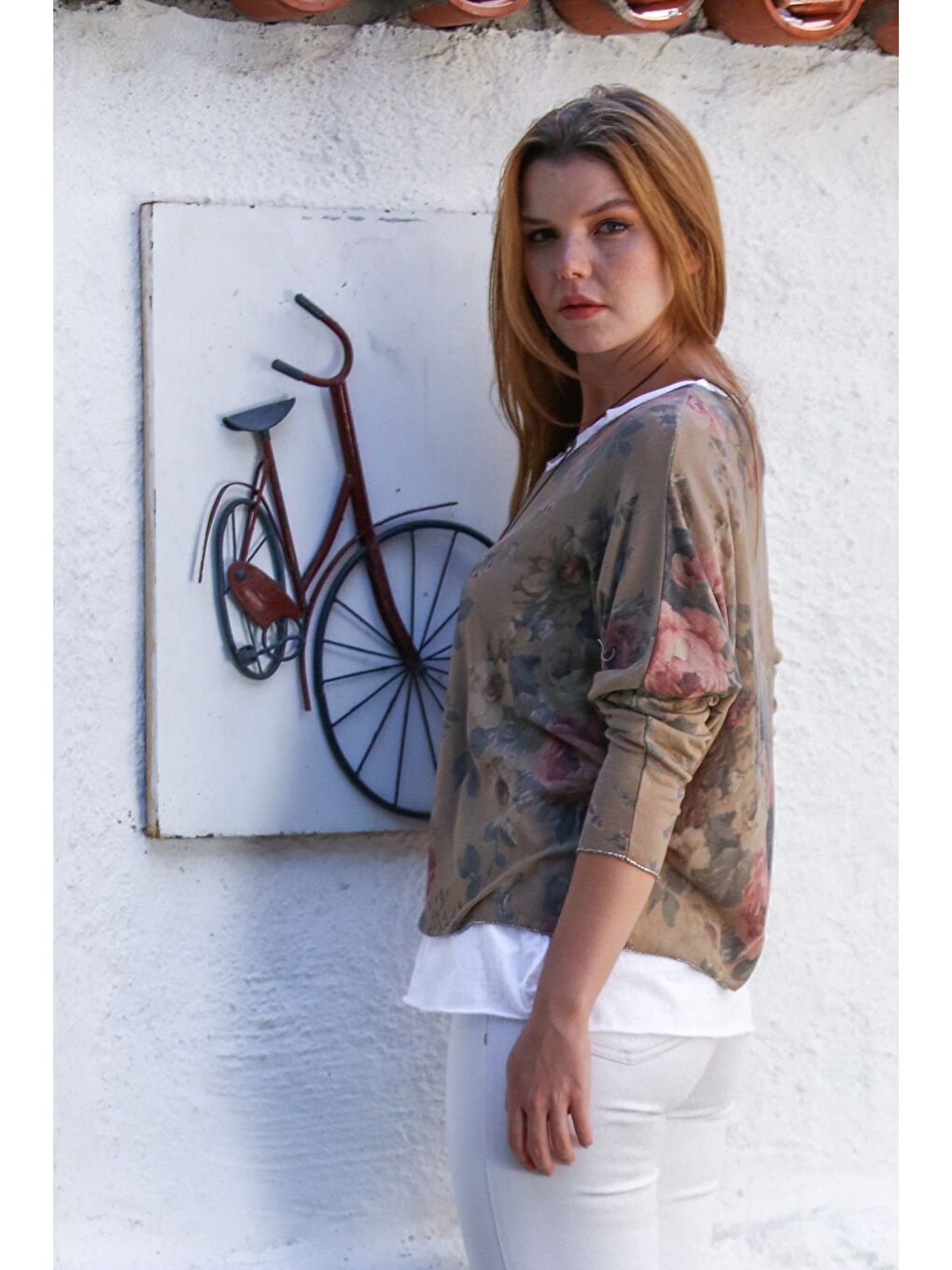 Kahverengi İtalyan Camel Havuz Yaka Uzun Kol Desenli İnce İkili Set İçi Kolsuz Penye Triko Bluz 70 60-7