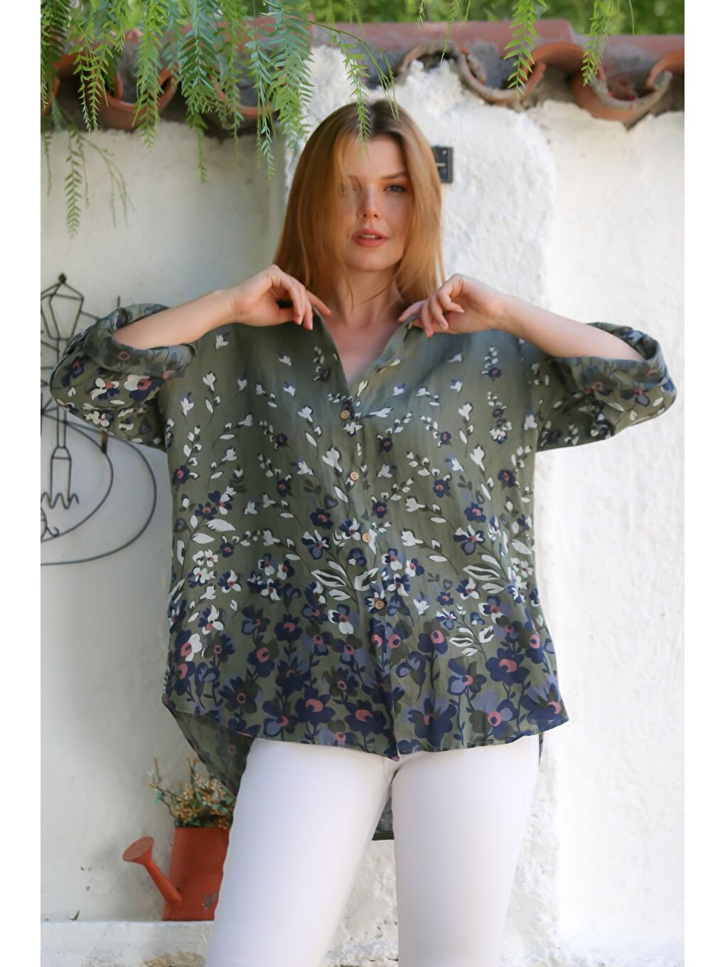 İtalyan Haki Gömlek Yaka Düğmeli Uzun Kollu Çiçekli Keten Dokuma Gömlek 76 63-5