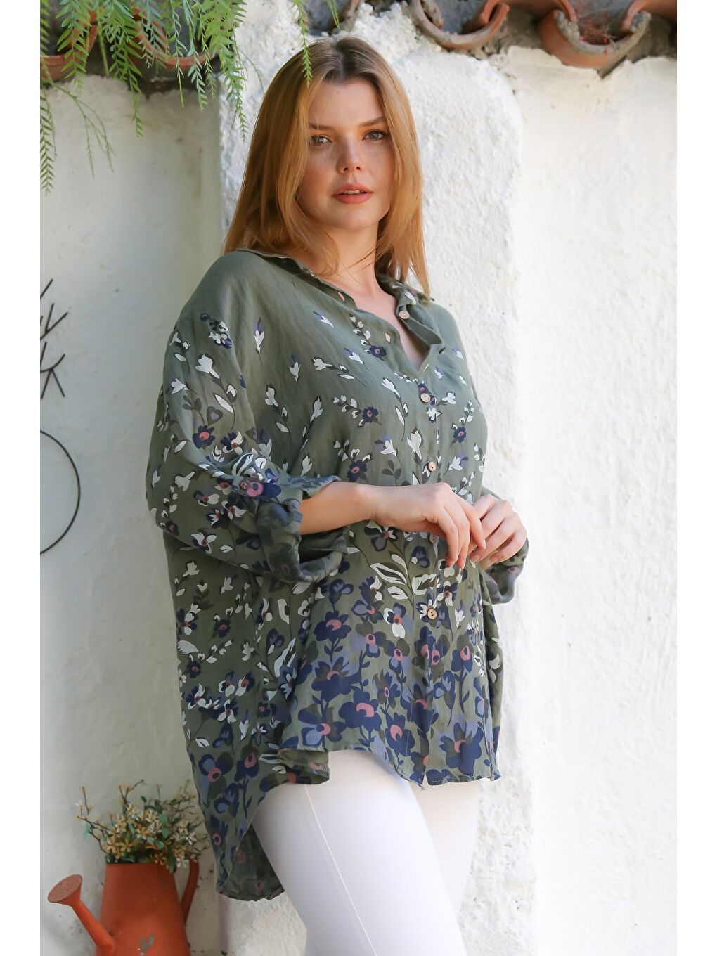 İtalyan Haki Gömlek Yaka Düğmeli Uzun Kollu Çiçekli Keten Dokuma Gömlek 76 63-6