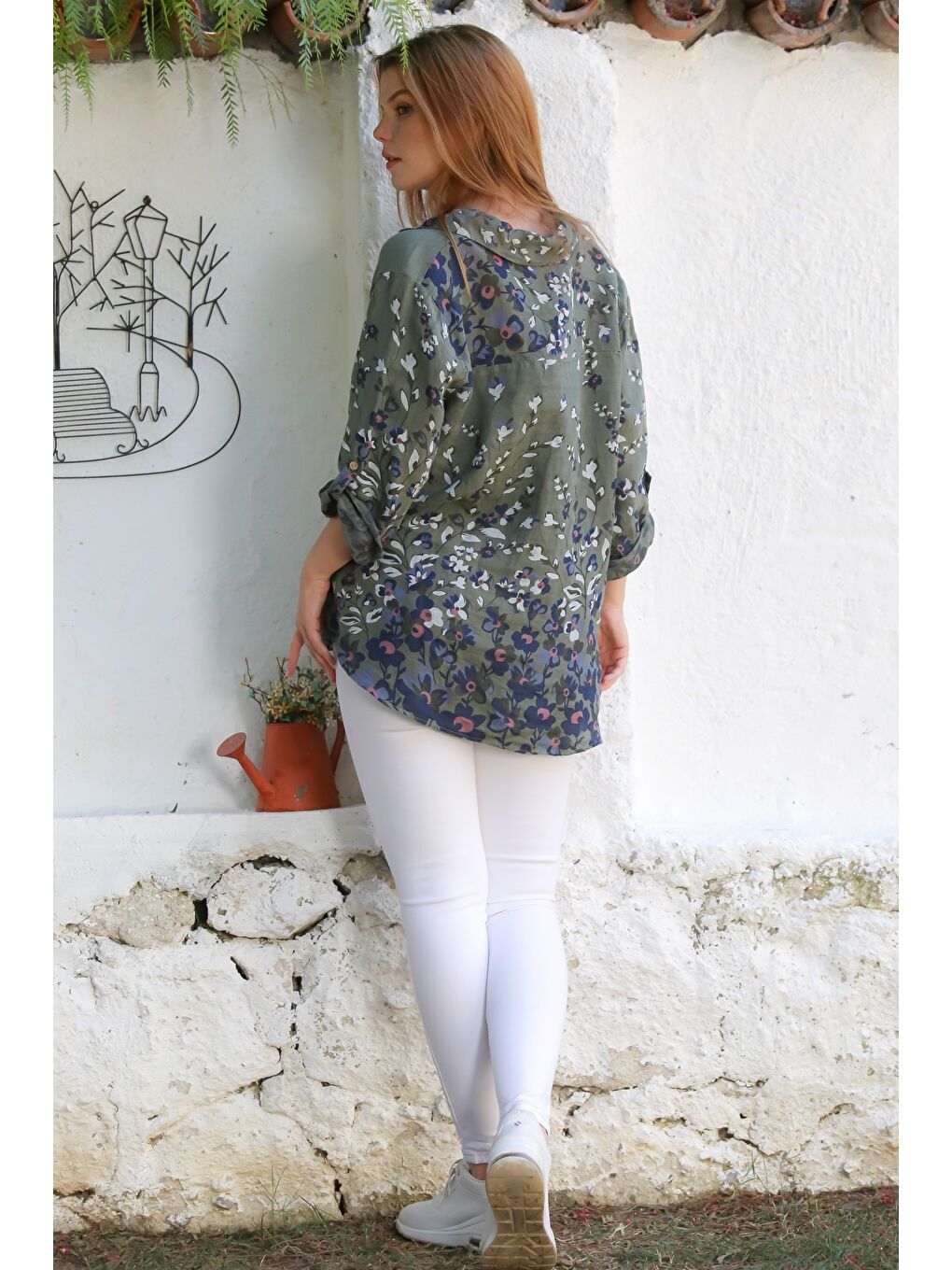 İtalyan Haki Gömlek Yaka Düğmeli Uzun Kollu Çiçekli Keten Dokuma Gömlek 76 63-7