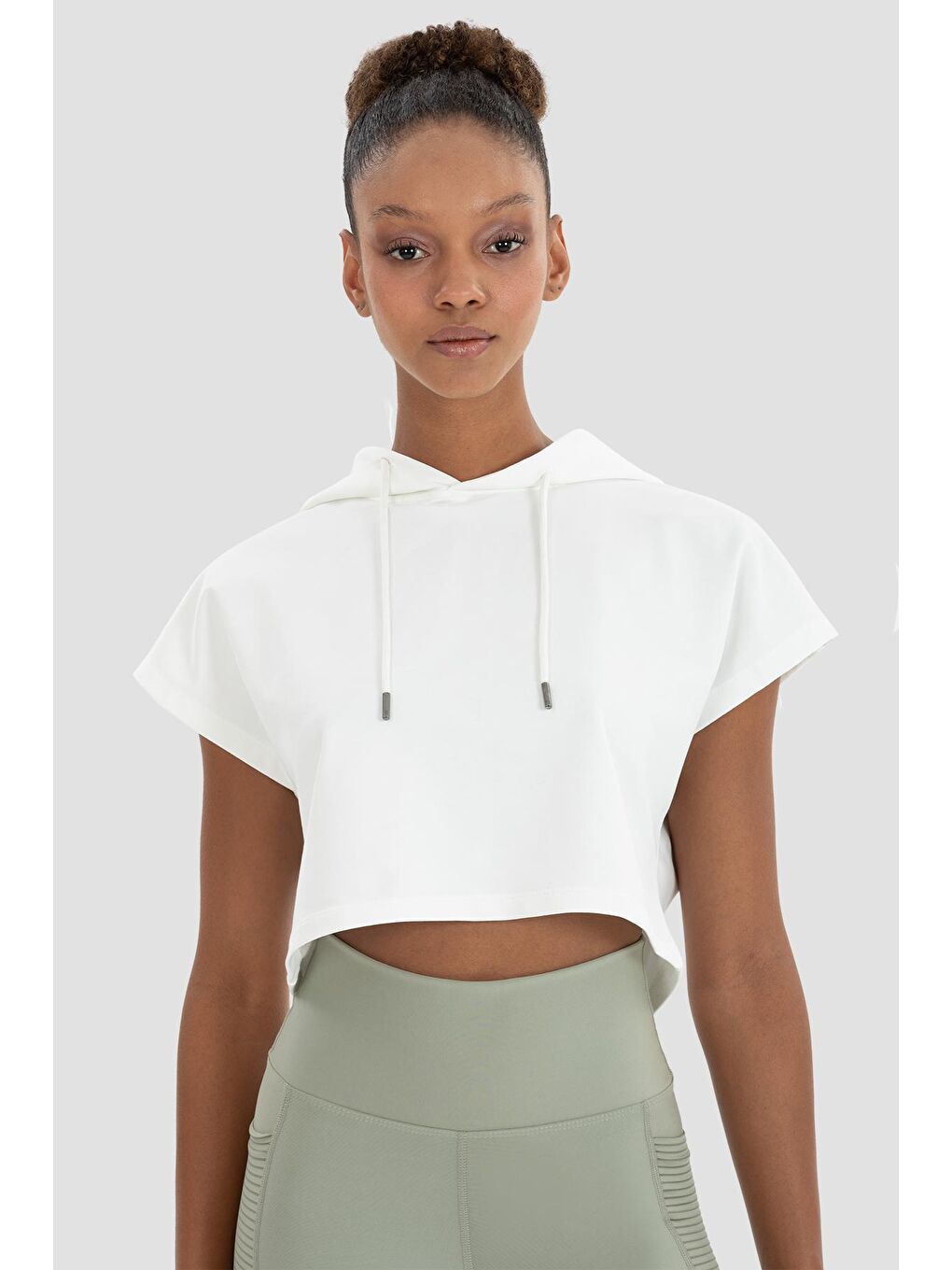 Superstacy Krem Alice Kapüşonlu Kısa Kollu Krem Crop Sweatshirt