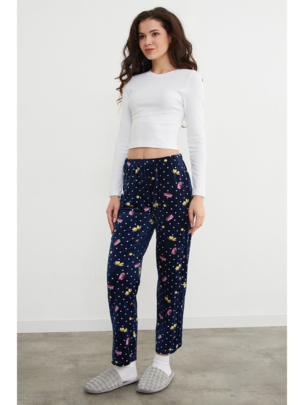 Lacivert Geyik Baskılı Kadife Pijama Altı-1