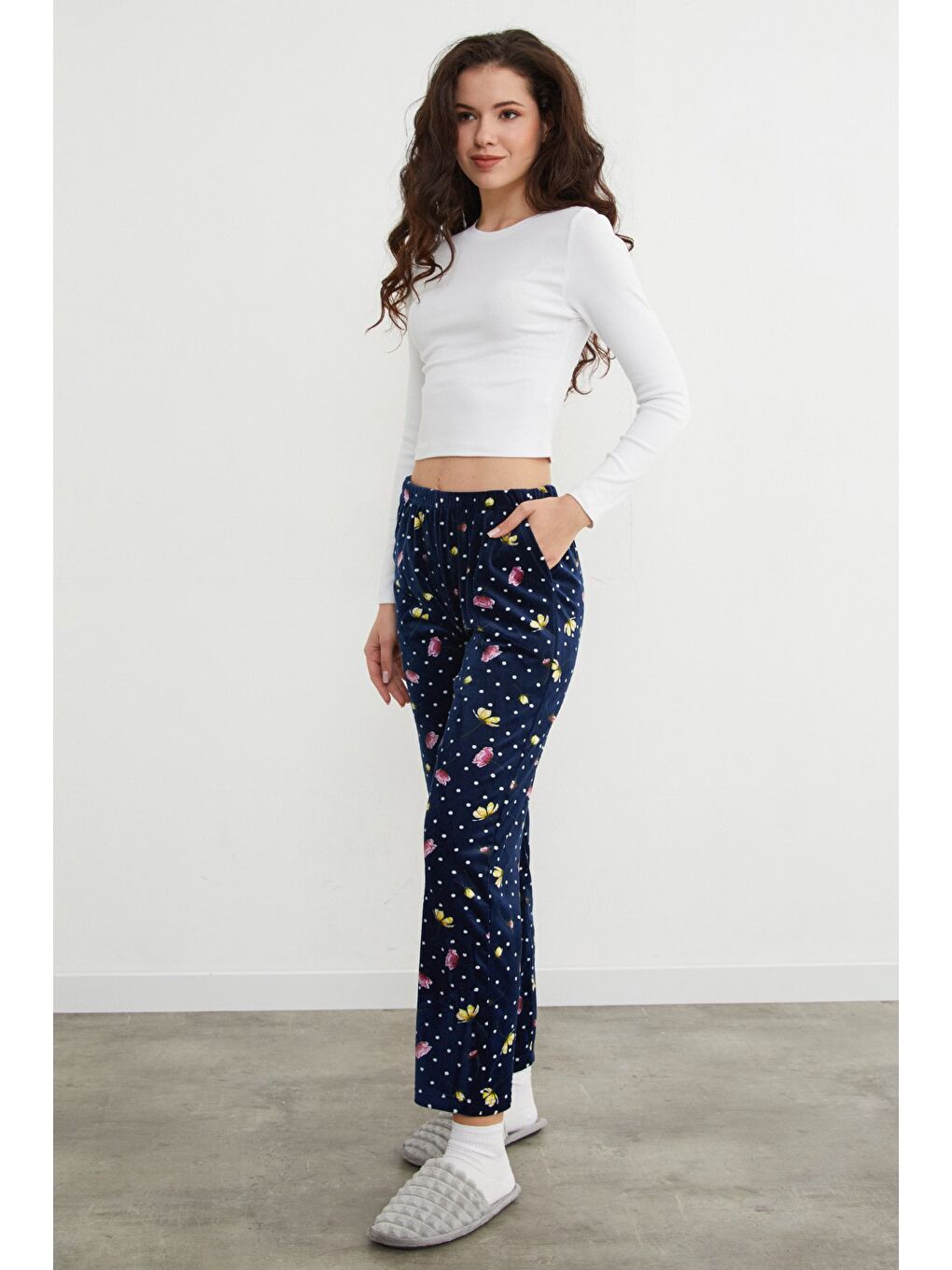 Lacivert Geyik Baskılı Kadife Pijama Altı-2