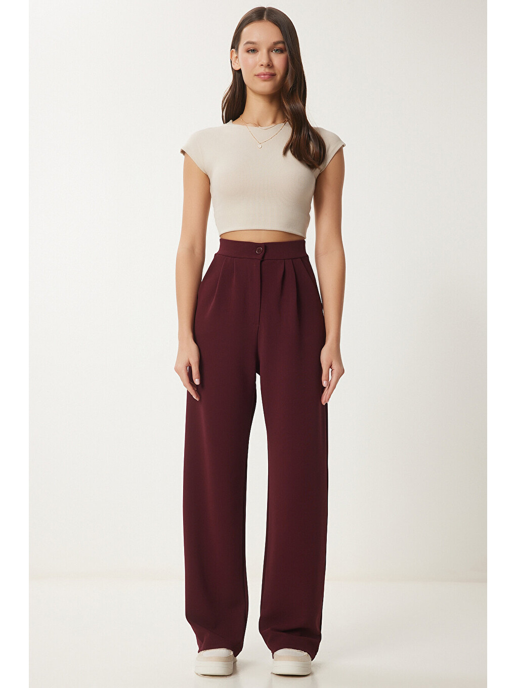 Elastanlı Rahat Palazzo Örme Pantolon Bordo Lrv0019-1