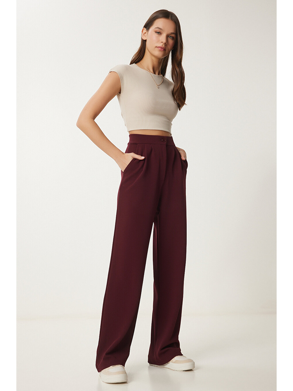 Elastanlı Rahat Palazzo Örme Pantolon Bordo Lrv0019-2