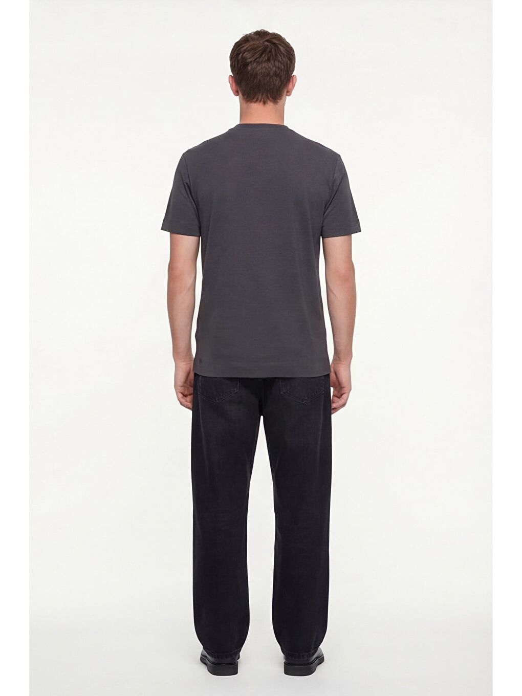 Gri Erkek Füme Normal Kesim Regular Fit %100 Pamuk Dokuma Bisiklet Yaka Basic T-Shirt-3