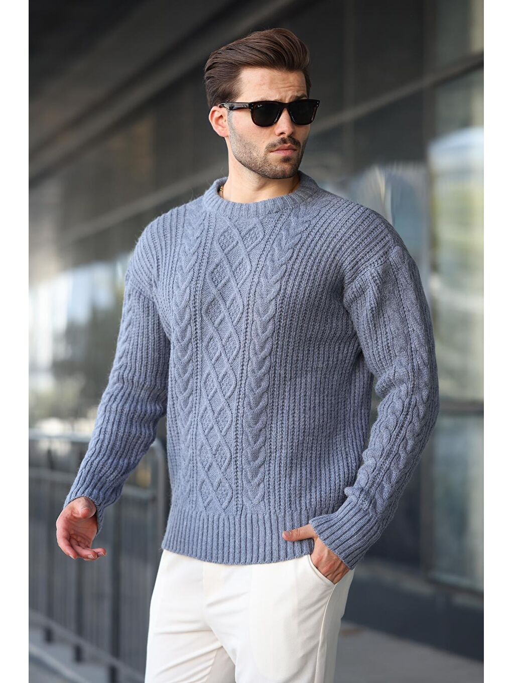 İndigo Örgü Desenli Triko Erkek Kazak E7425-1