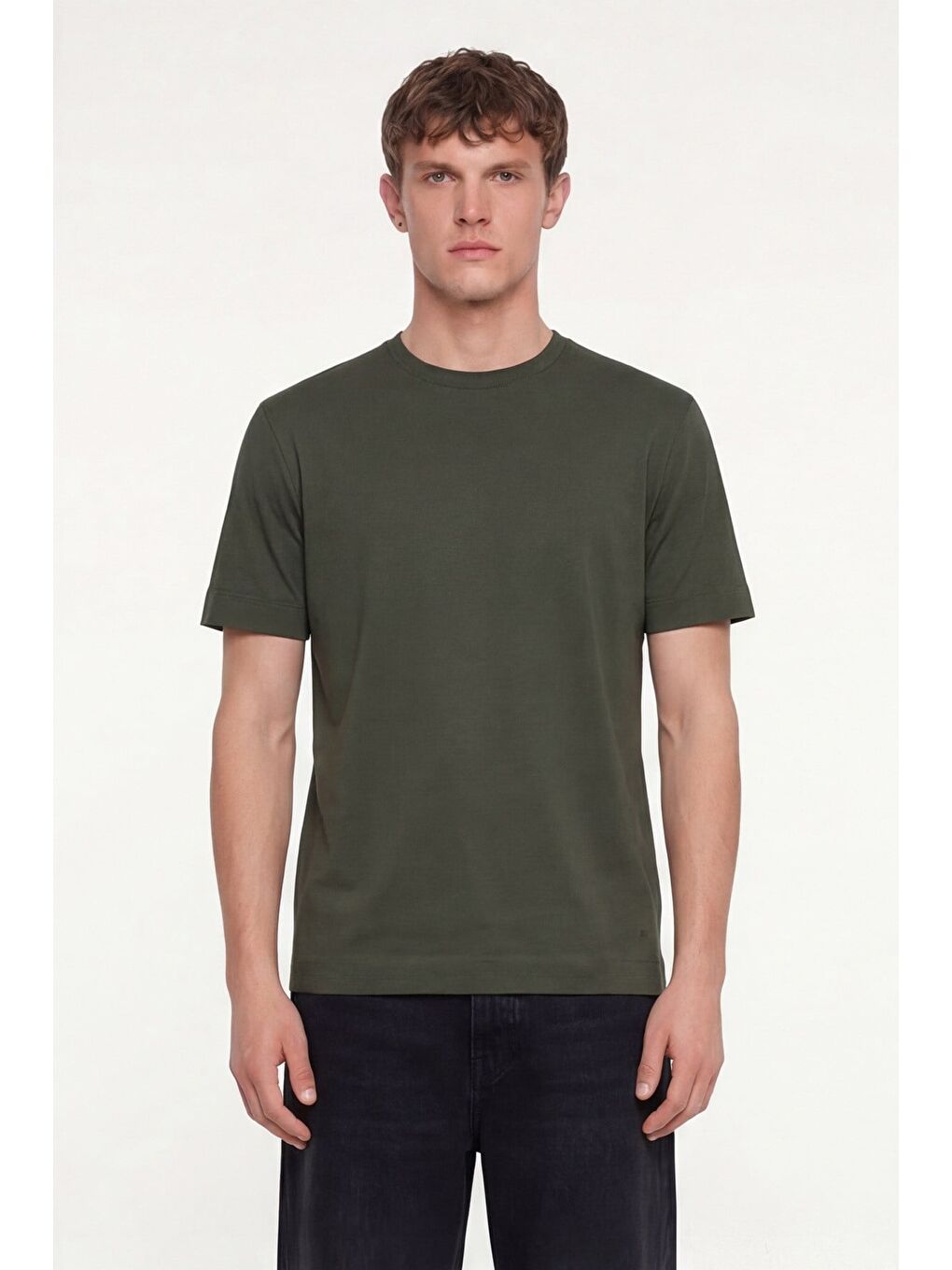 Erkek Koyu Yeşil Normal Kesim Regular Fit %100 Pamuk Dokuma Bisiklet Yaka Basic T-Shirt