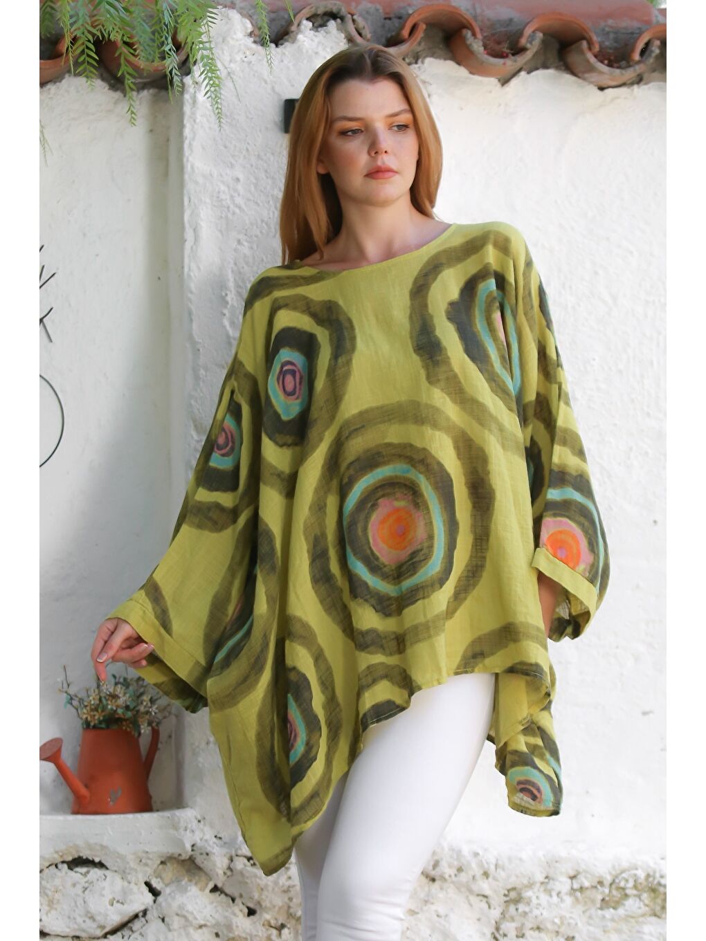 Sarı İtalyan Hardal Havuz Yaka Yarasa Kol Geometrik Desenli Keten Oversize Dokuma Tunik 80 120