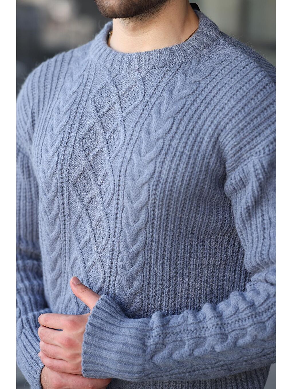 İndigo Örgü Desenli Triko Erkek Kazak E7425-2