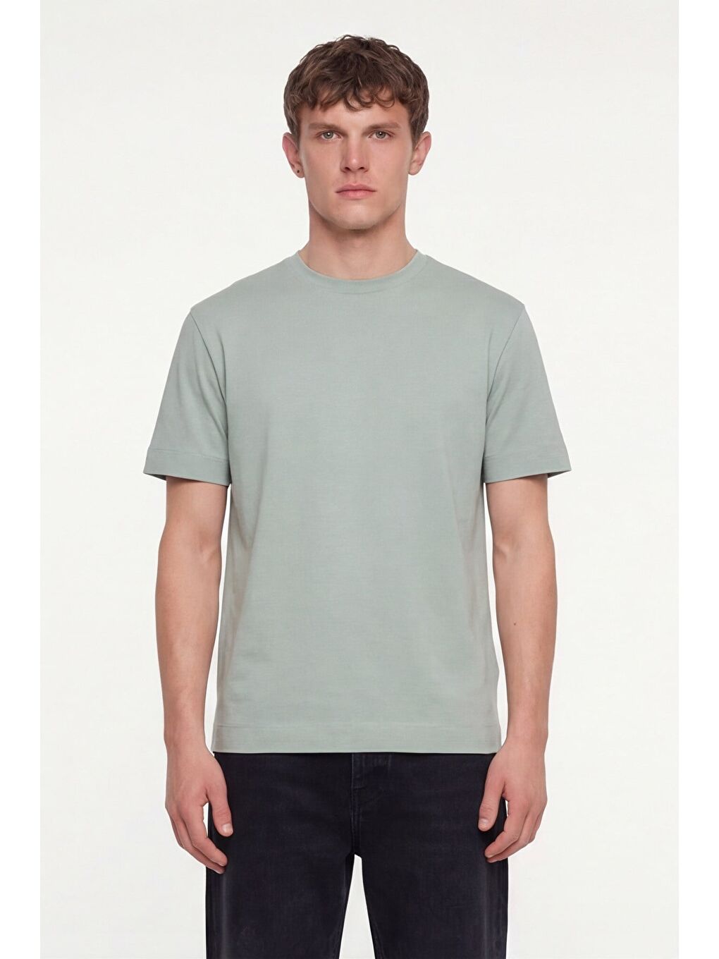 Erkek Açık Yeşil Normal Kesim Regular Fit %100 Pamuk Dokuma Bisiklet Yaka Basic T-Shirt