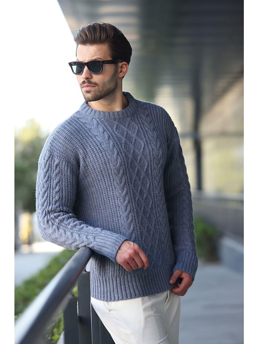 İndigo Örgü Desenli Triko Erkek Kazak E7425-3